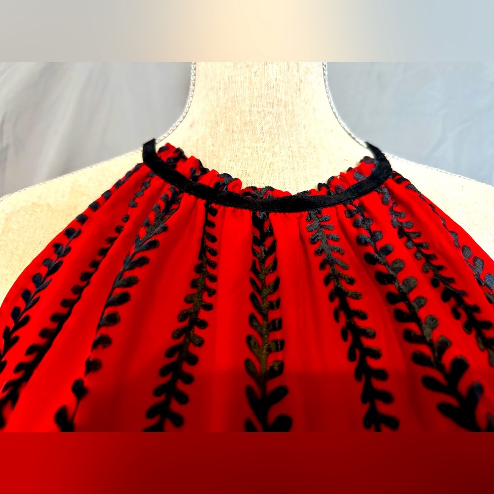 EUC Max Studio top in red with black velvet details halter type neckline